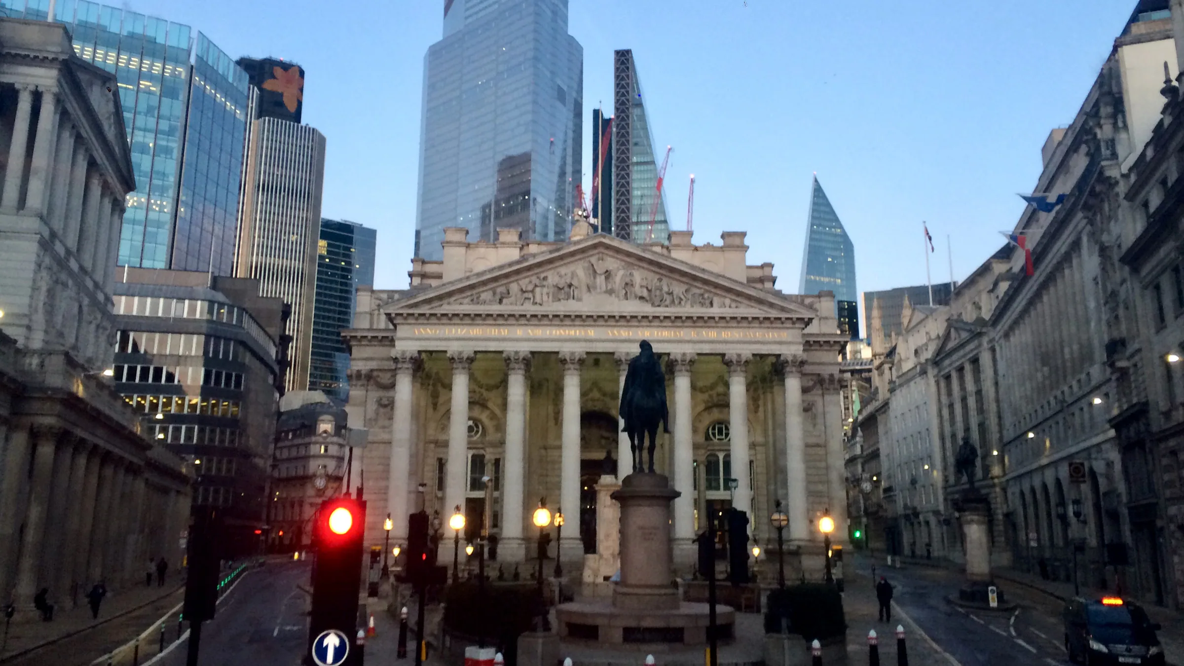 The Royal Exchange and the streets meeting at Bank junction in the City of London