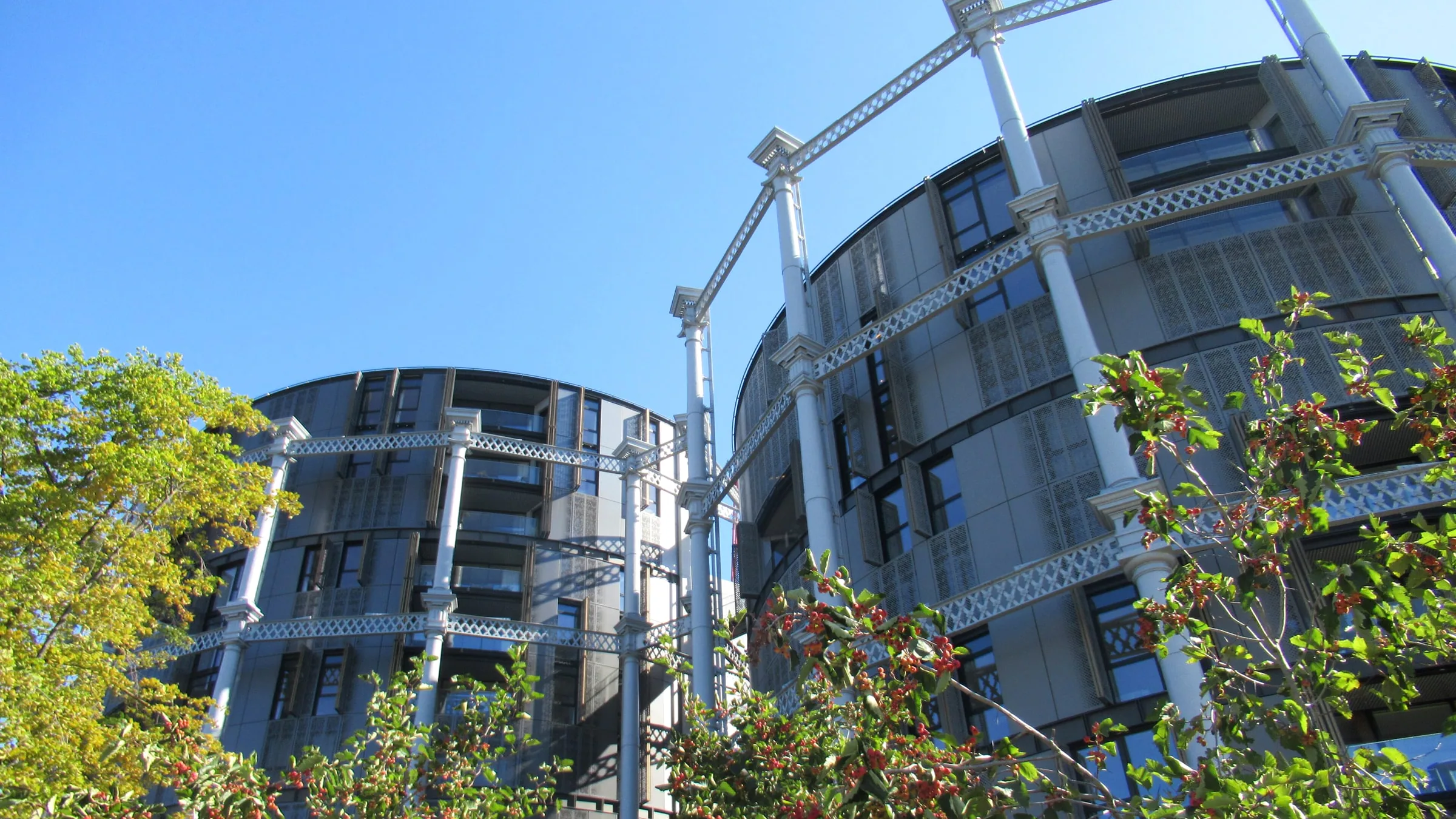 Round blocks of flats built inside the restored iron frames of the old gas holders at King's Cross, behind trees with red berries