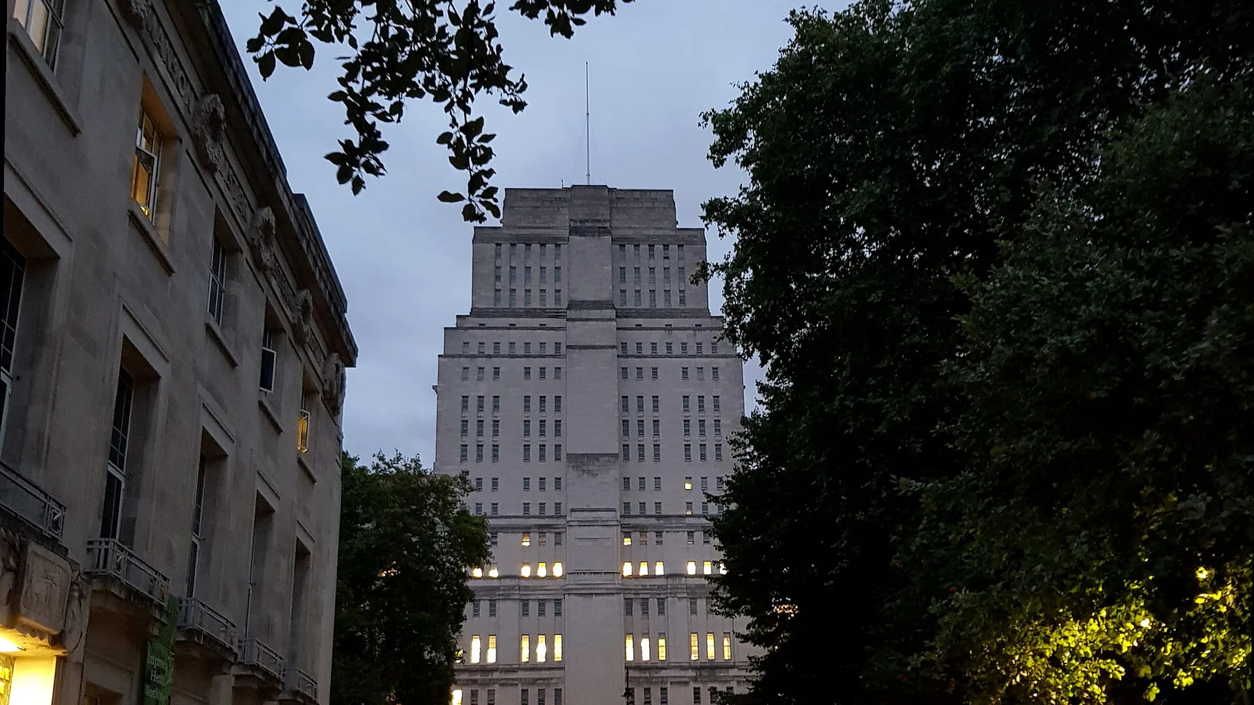 Keppel Street in Bloomsbury leading to the stone tower of Senate House