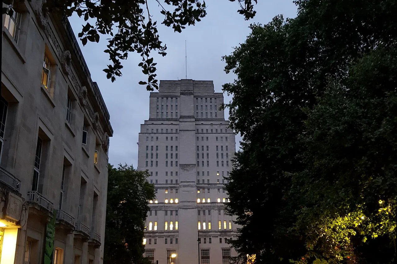 Keppel Street in Bloomsbury leading to the stone tower of Senate House