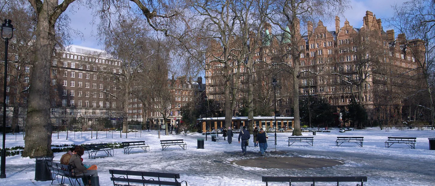 Snow covering the lawns and paths of Russell Square in Bloomsbury, with bare trees