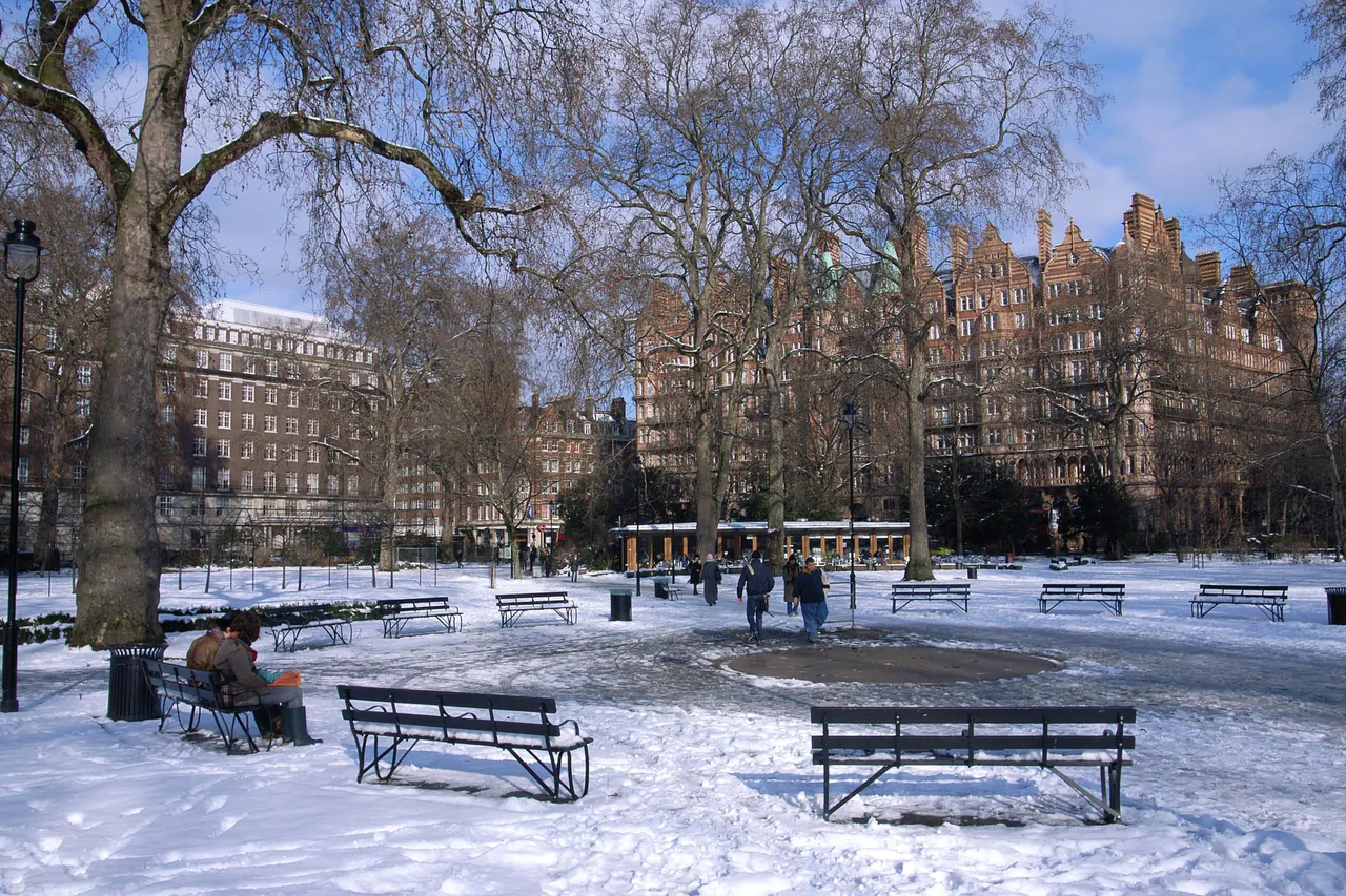 Snow covering the lawns and paths of Russell Square in Bloomsbury, with bare trees