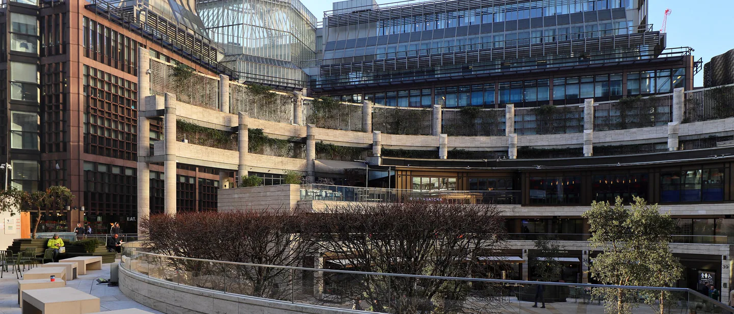 The curved terraces of Broadgate Circle in the City of London in winter light
