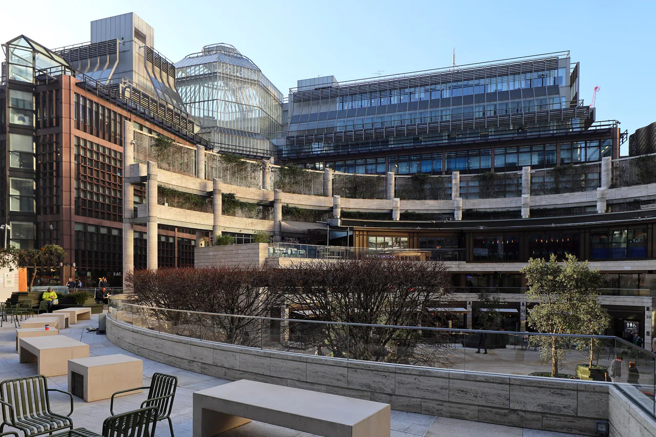 The curved terraces of Broadgate Circle in the City of London in winter light
