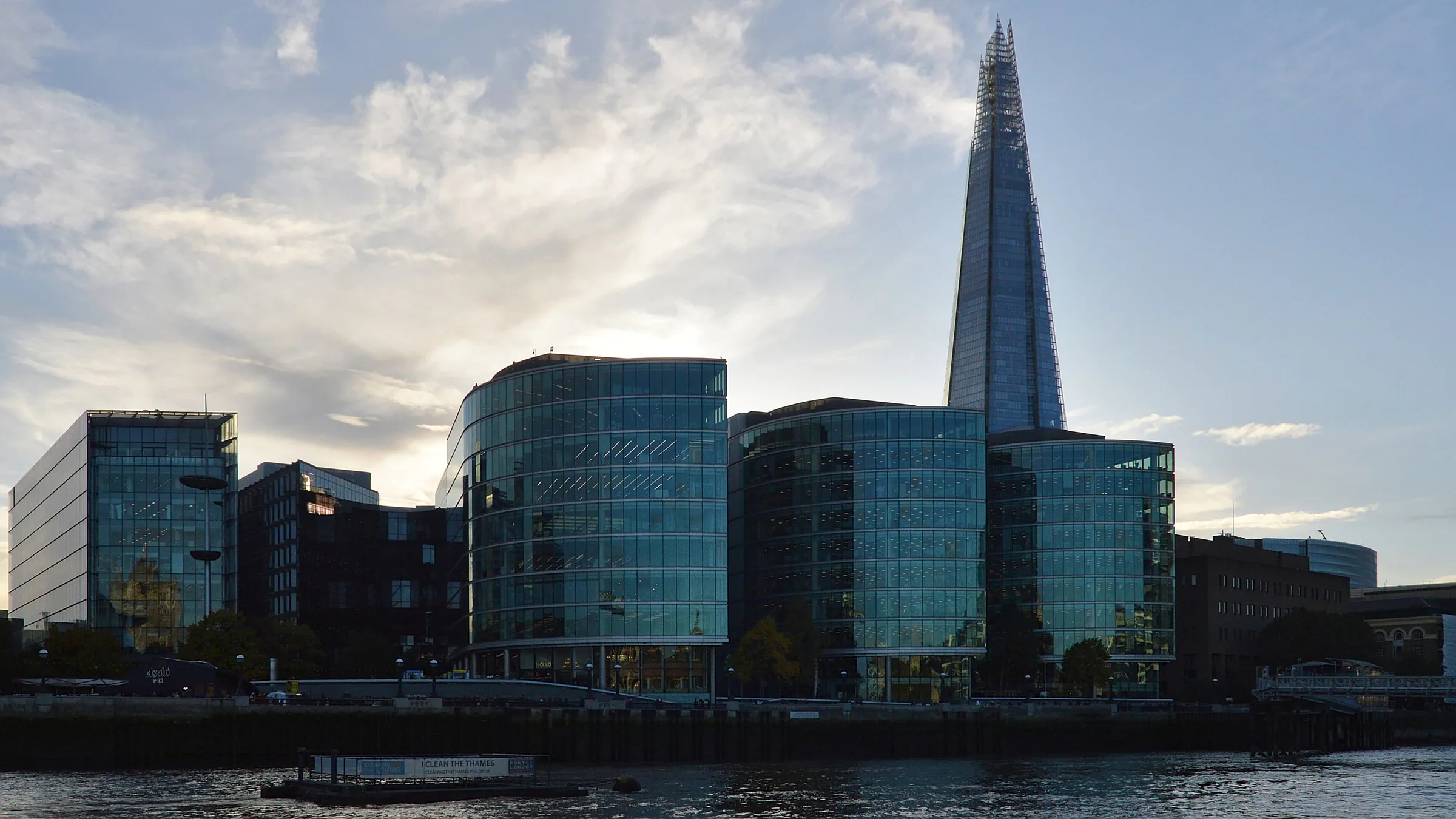 The glass offices of More London on the South Bank, with the Shard behind